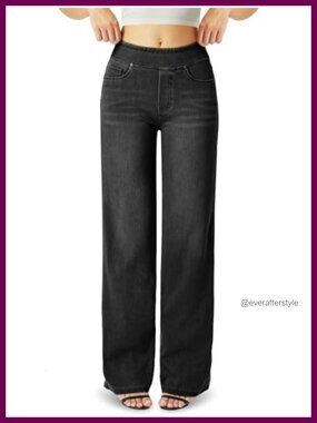 High Waisted Wide Leg Stretch Knit Denim Jeans for Women